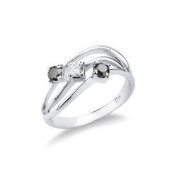 Anillo de Mujer en Oro Blanco 18k con Diamante Central y Diamantes Negros
