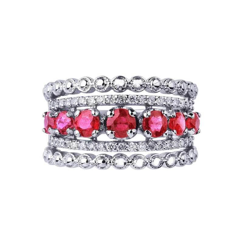 Anillo banda en oro blanco con rubíes y diamantes Anillo banda en oro blanco con rubíes y diamantes