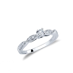 Anillo de compromiso solitario en oro blanco de 18k con diseño de hojas y diamantes brillantes