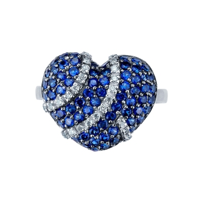 Anillo en oro blanco de 18k con corazón pavé de zafiros azules y diamantes