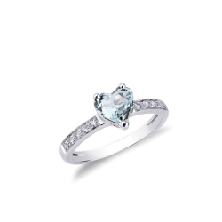 Anillo de mujer en oro blanco 18k con aguamarina en forma de corazón y diamantes