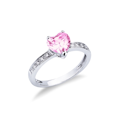 Anillo en oro blanco de 18k con un zafiro rosa en forma de corazón y diamantes