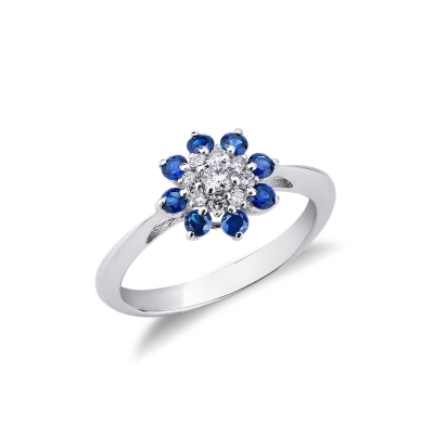 Anillo flor Oro Blanco 18k con Diamantes y Zafiros Azules