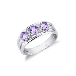 Anillo de triple banda en oro blanco de 18 quilates con 3 amatistas y diamantes