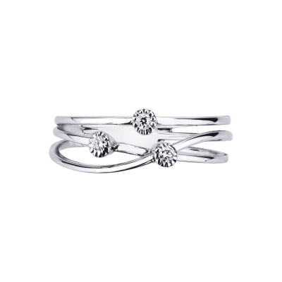 Anillo 3 diamantes diseño trenzado en oro blanco 18k