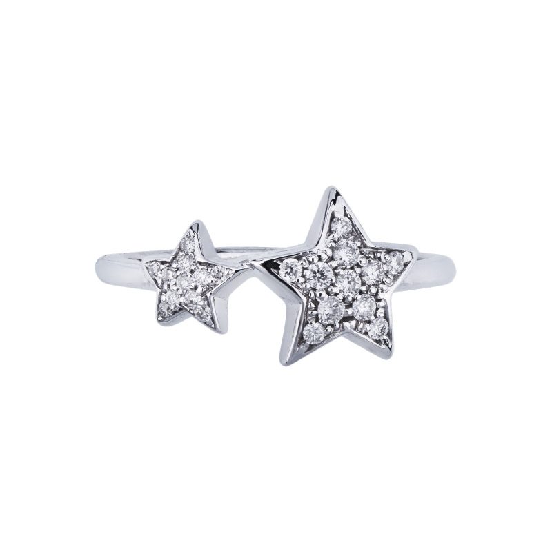 Anillo en oro blanco de 18k con una estrella grande y una pequeña Anillo en oro blanco de 18k con una estrella grande y una pequeña
