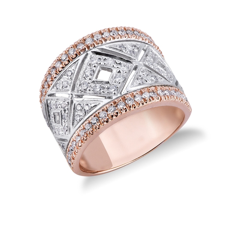 Anillo banda en oro blanco y rosa 18k con diamantes