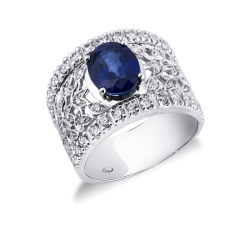 Anillo de banda en oro blanco 18k con zafiro azul y diamantes