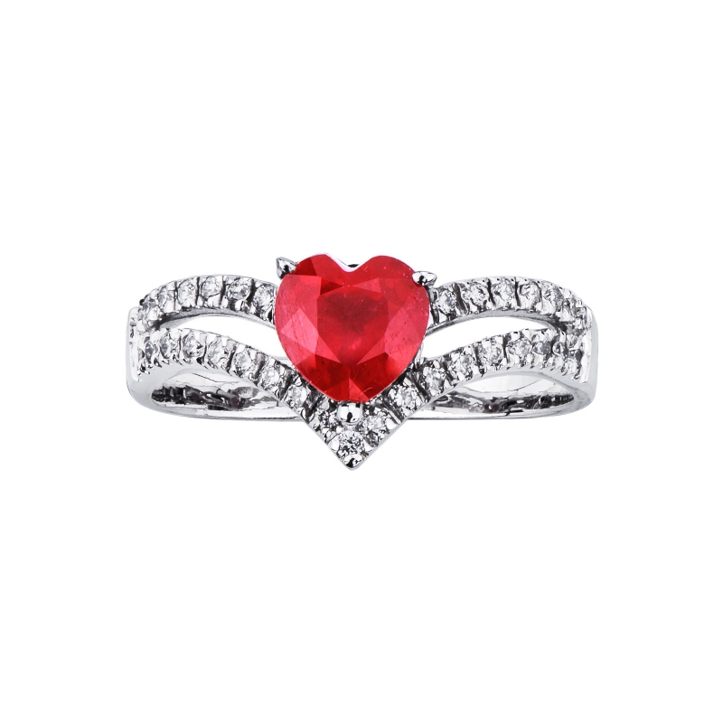 Anillo de oro de 18 kilates con rubí y doble fila de diamantes  Anillo de oro de 18 kilates con rubí y doble fila de diamantes