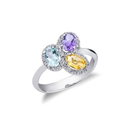 Anillo en oro blanco de 18 quilates con citrino, amatista y aguamarina