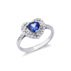 Anillo corazon halo oro blanco de 18 quilates con zafiro azul