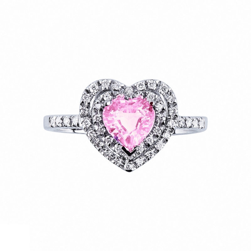 Anillo en forma de corazón en oro blanco de 18k con zafiro rosa  Anillo en forma de corazón en oro blanco de 18k con zafiro rosa