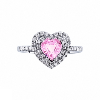 Anillo en forma de corazón en oro blanco de 18k con zafiro rosa 