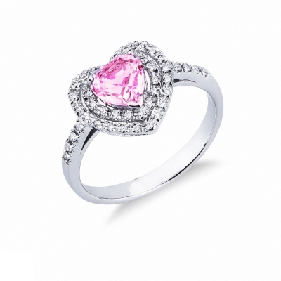 Anillo en forma de corazón en oro blanco de 18k con zafiro rosa 