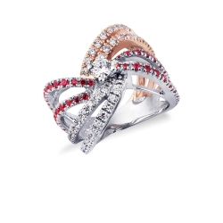 Anillo de banda en oro blanco y rosa con diamantes y rubíes
