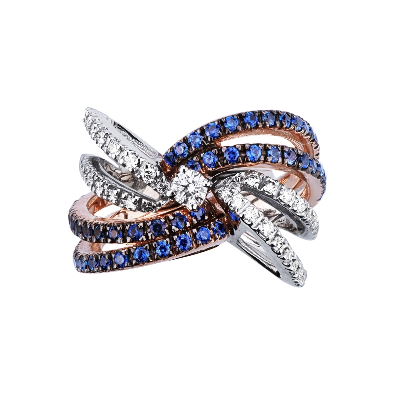 Anillo de banda en oro blanco y rosa con diamantes y zafiros Anillo de banda en oro blanco y rosa con diamantes y zafiros