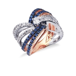 Anillo de banda en oro blanco y rosa con diamantes y zafiros