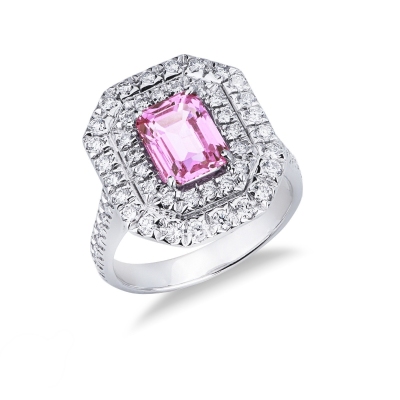 Anillo en oro blanco 18k con zafiro rosa rectangular y diamantes