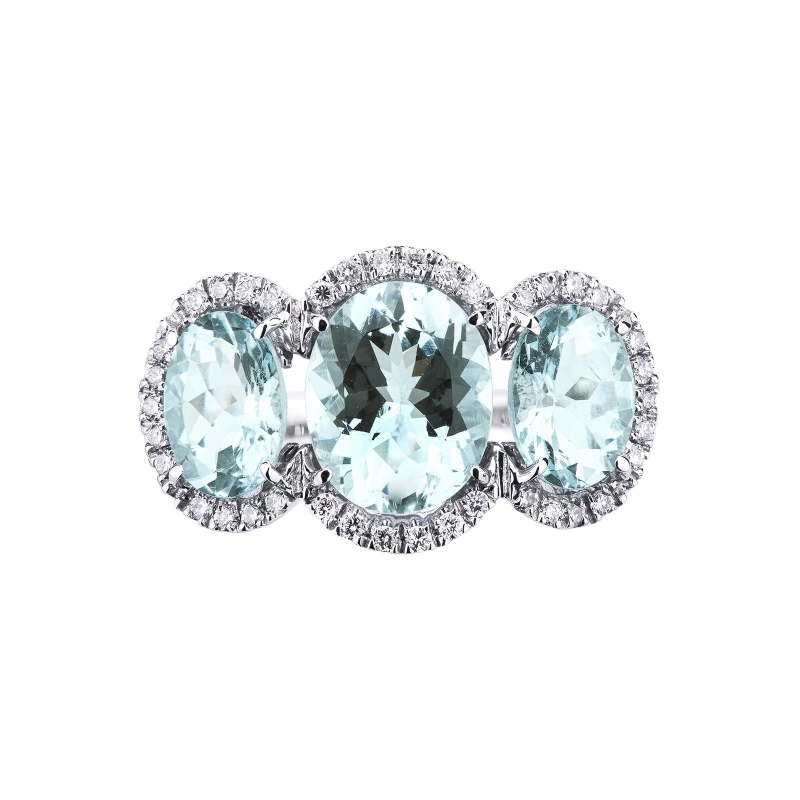 Anillo en oro blanco 18k con aguamarinas ovaladas y diamantes