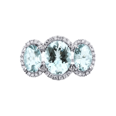 Anillo en oro blanco 18k con aguamarinas ovaladas y diamantes