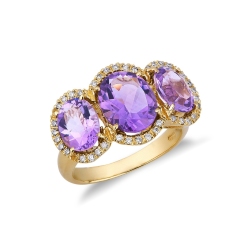 Anillo en oro amarillo 18k con amatistas y diamantes