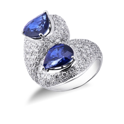 Anillo Tu y Yo Oro Blanco 18k con Zafiros Azules y Diamantes
