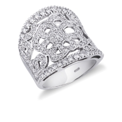 Anillo tipo banda con flor en oro blanco de 18k con diamantes