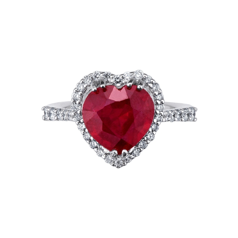 Anillo de oro blanco de 18 kilates con rubí y diamantes en forma de corazón Anillo de oro blanco de 18 kilates con rubí y diamantes en forma de corazón