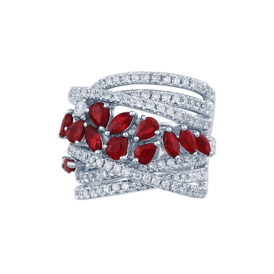 Anillo oro blanco 18k con rubíes y diamantes