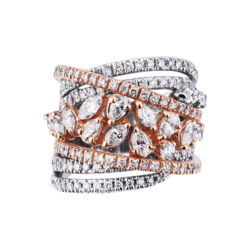 Anillo de banda en oro blanco y rosa con diamantes Anillo de banda en oro blanco y rosa con diamantes