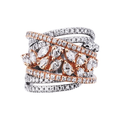 Anillo de banda en oro blanco y rosa con diamantes