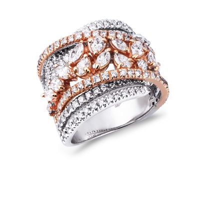 Anillo de banda en oro blanco y rosa con diamantes