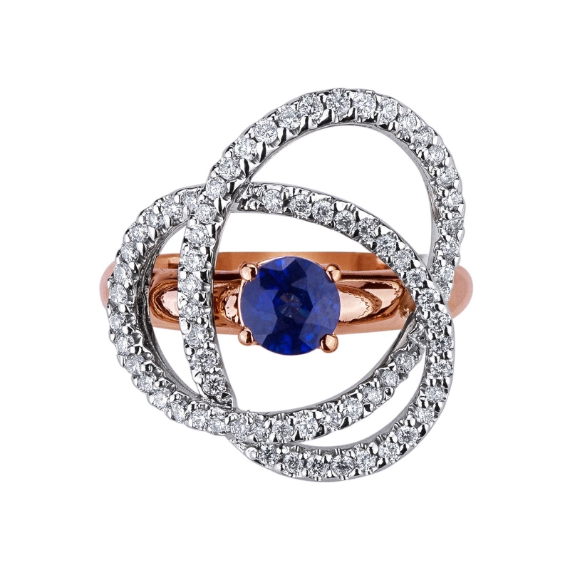 Anillo en oro blanco y rosa con zafiro azul y diamantes Anillo en oro blanco y rosa con zafiro azul y diamantes