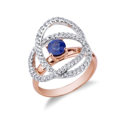 Anillo en oro blanco y rosa con zafiro azul y diamantes
