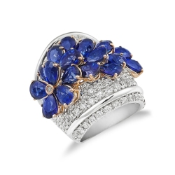 Anillo mujer flores en oro blanco 18k adornado con zafiros
