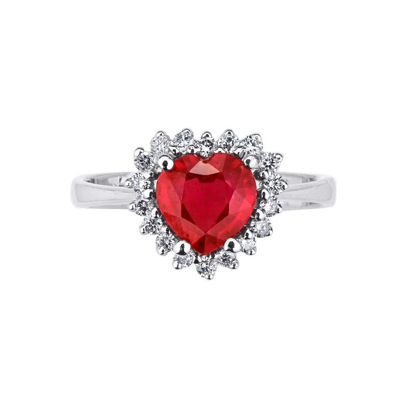 Anillo de oro blanco de 18 kilates con diamantes y rubí en forma de corazón Anillo de oro blanco de 18 kilates con diamantes y rubí en forma de corazón