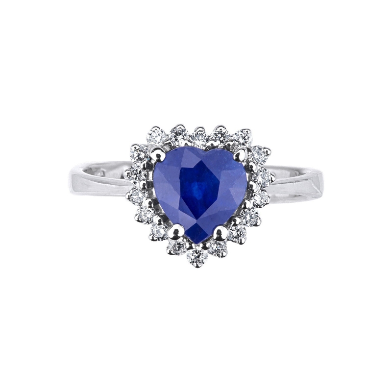 Anillo de oro blanco de 18 kilates con halo de diamantes y zafiro azul en forma de corazón Anillo de oro blanco de 18 kilates con halo de diamantes y zafiro azul en forma de corazón