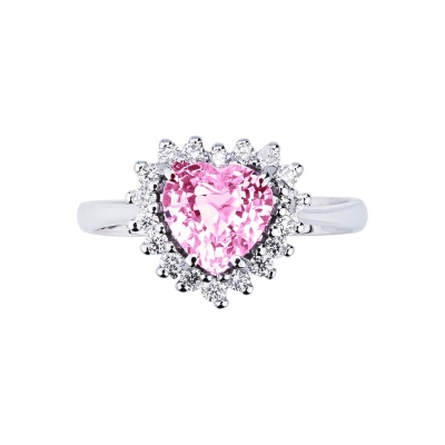 Anillo corazon oro blanco 18k con zafiro rosa y diamantes