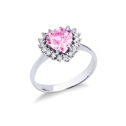 Anillo corazon oro blanco 18k con zafiro rosa y diamantes