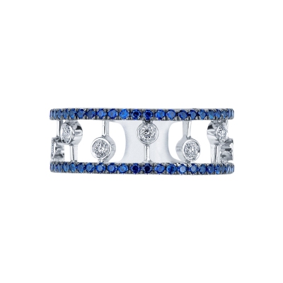 Anillo banda en oro blanco 18k con diamantes y zafiros