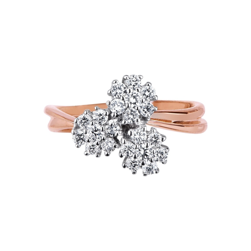 Anillo en oro rosa y blanco con tres flores y diamantes Anillo en oro rosa y blanco con tres flores y diamantes