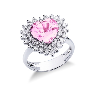 Anillo halo oro blanco 18 quilates con zafiro rosa