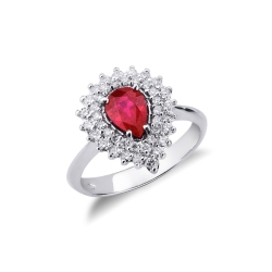 Anillo en oro blanco 18k con rubi gota y doble fila de diamantes