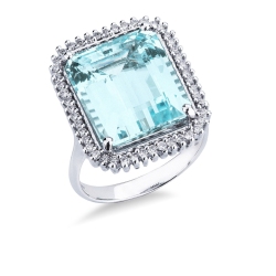 Anillo en oro blanco 18k con aguamarina octagonal y diamantes
