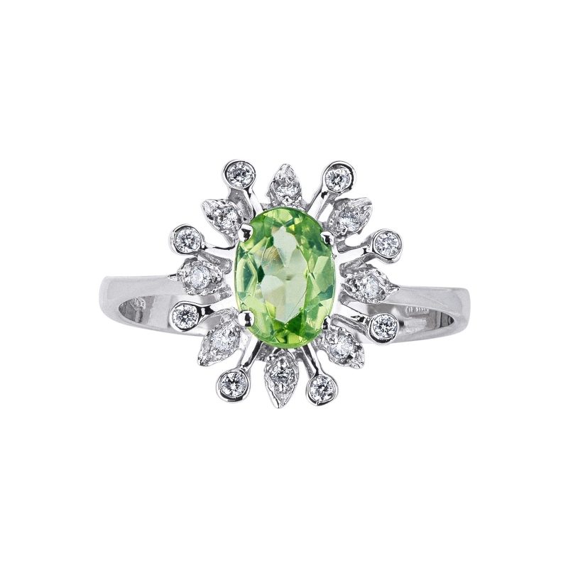 Anillo Halo en oro blanco de 18 quilates con peridoto y diamantes Anillo Halo en oro blanco de 18 quilates con peridoto y diamantes