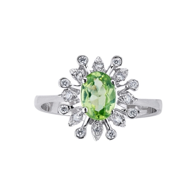 Anillo Halo en oro blanco de 18 quilates con peridoto y diamantes