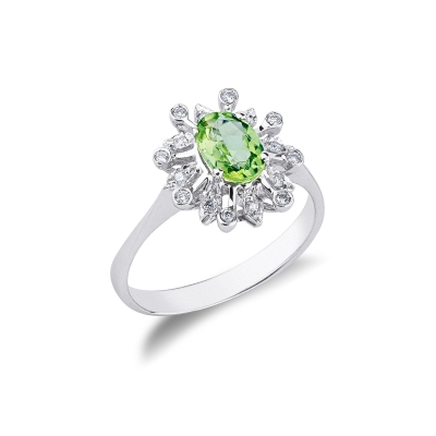 Anillo Halo en oro blanco de 18 quilates con peridoto y diamantes