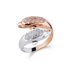Anillo banda tu y yo en oro blanco y oro rosa 18k con dos delfines y diamantes