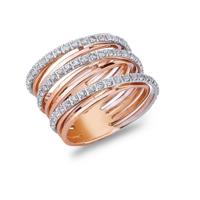 Anillo de banda múltiple en oro blanco y rosa con diamantes