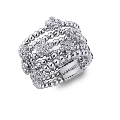 Anillo en oro blanco 18k con flores pavé de diamantes